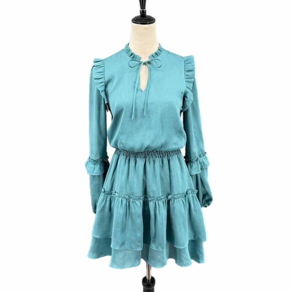 Joy Joy Teal Sparkle Ruffle Tiered Long Sleeve Neck Tie Boho Prairie Mini Dress